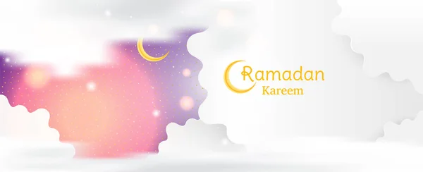 Muslimský Svátek svatého měsíce Ramadan Kareem. Šablona přání se srpkem měsíce a mrakem s světelními efekty. Plochý vektorový obrázek EPS 10 — Stockový vektor