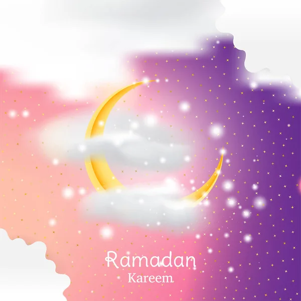 Festa muçulmana do mês sagrado do Ramadã Kareem. Modelo de cartão de saudação com lua crescente e nuvem com efeitos de luz. Ilustração vetorial plana EPS 10 — Vetor de Stock