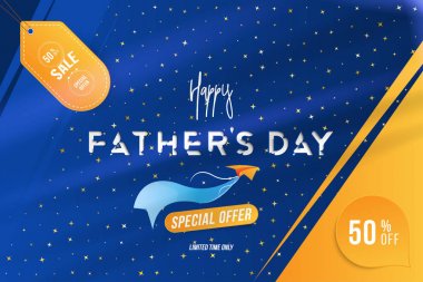 Babalar günün kutlu olsun. Mega Sale 50 ile Banner özel teklif ve arka plan orijinal yazı tipi ve yıldız ışık efektleri ile. Düz vektör illüstrasyon Eps 10