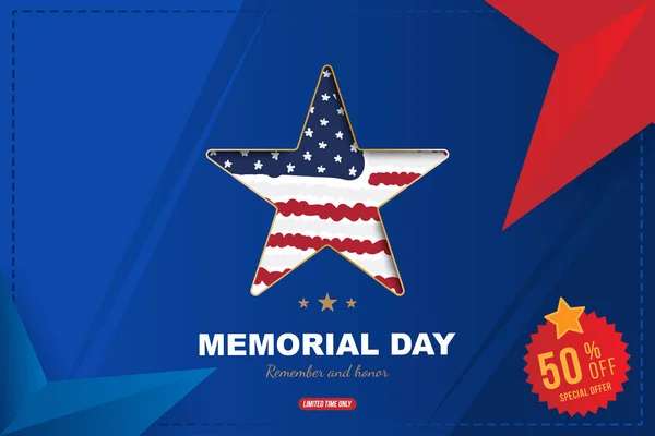 Happy memorial day. Greeting card with Sale 50 offer and star close up and USA flag with shadow. National American holiday event. Flat Vector illustration EPS10