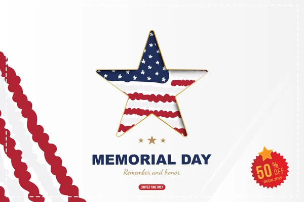 Happy memorial day. Greeting card with Sale 50 offer and star close up and USA flag with shadow. National American holiday event. Flat Vector illustration EPS10