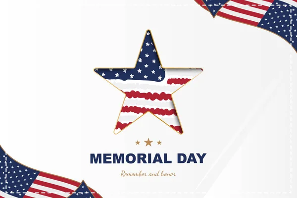 Happy memorial day. Greeting card with star close up and USA flag with shadow. National American holiday event. Flat Vector illustration EPS10