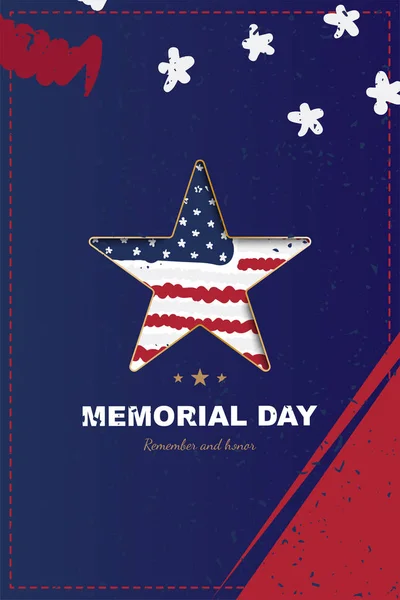 Happy memorial day. Vertical banner with a big star with a shadow, on the background of the USA flag. National American holiday event. Flat Vector illustration EPS10