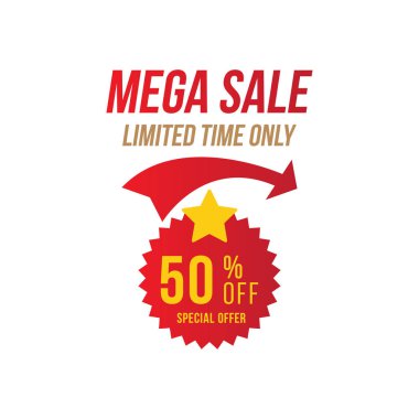 Mega Sale 50 kapalı ve kırmızı etiket ile. Özel teklif ile amblem Şablonu. Düz Vektör Eps10