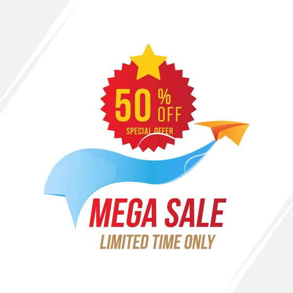 Mega Sale s 50 a červenou nálepkou. Šablona emblému se speciálním nabídnem a papírenský letoun. Plochý vektor Eps10 — Stockový vektor