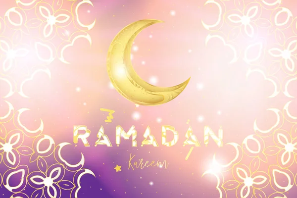 Fête musulmane du mois sacré du Ramadan Kareem. Carte de vacances avec une lune dorée et avec des motifs dorés traditionnels sur un fond lumineux avec des illuminations. Illustration vectorielle plate EPS 10 . — Image vectorielle
