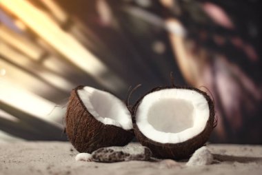 Seyahat zamanı. Bir palmiye yaprağının arka planında sahilde hindistan cevizi iki yarısı. Turizm konusunda konsept.