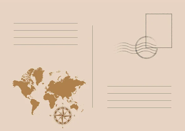 Винтажная векторная открытка с картой мира и ретро компасом. Почтовая карточка для путешествия. Плоская векторная иллюстрация EPS10 — стоковый вектор