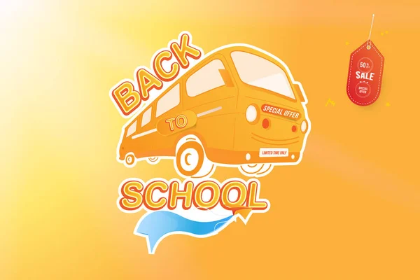 Terug naar school met gele bus. Super Sale 50 speciale aanbieding platte vector illustratie Eps10. — Stockvector