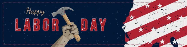 Happy Labor Day holiday banner with a construction tool in hand. Template with United States national flag and original lettering text.