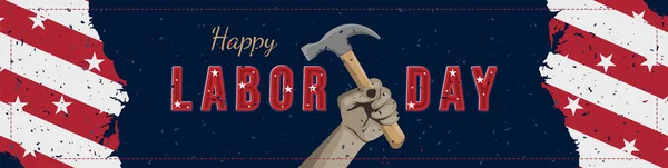 Happy Labor Day holiday banner with a construction tool in hand. Template with United States national flag and original lettering text.