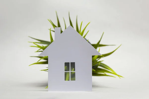 Ecological home made of paper and greens on a white background.