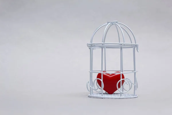 Idee zum Thema Liebe. dekorative Zelle mit rotem Herz in Gefangenschaft auf hellem Hintergrund. — Stockfoto