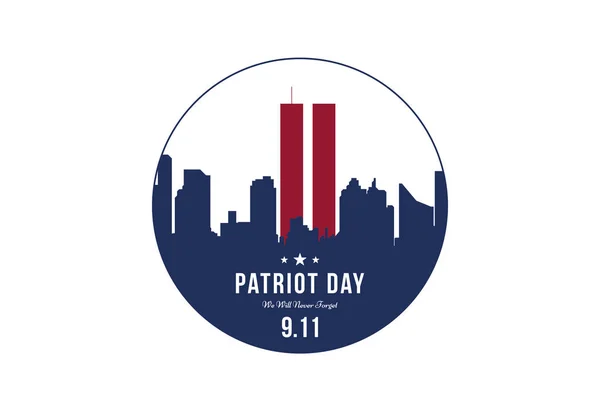 Patriot Day september 11. 2001 we zullen nooit vergeten. Lettertype inscriptie met stad silhouet op een achtergrond. Banner aan de dag van het geheugen van het Amerikaanse volk. Plat element EPS 10 — Stockvector