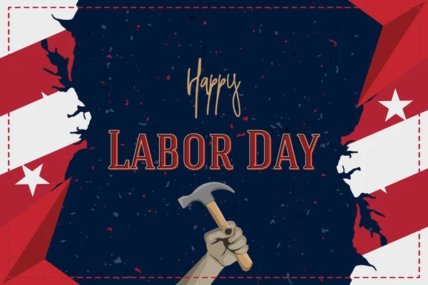 Happy Labor Day holiday banner with a construction tool in hand. Template with United States national flag and original lettering text.