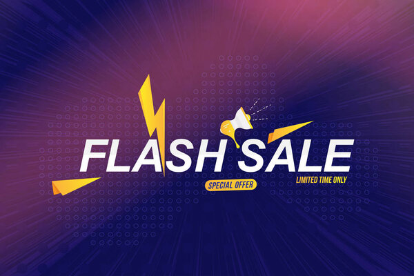 Метка Flash Sale на цветном жидком фоне. Надпись на шрифте с громкоговорителем и световыми эффектами на белом фоне. Плоская векторная иллюстрация EPS10
