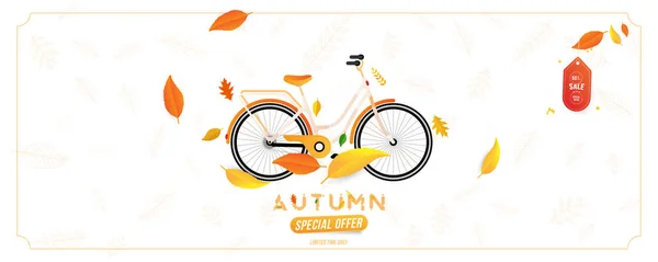 Sonbahar Satılık 50 kadın şehir bisikleti ile özel teklif. Renkli mevsimsel sonbahar yaprakları ile Şablon broşür arka planda alışveriş satışı için. Düz vektör illüstrasyon Eps 10 — Stok Vektör