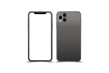 Gerçekçi Akıllı Telefonların Maketini Ayarlayın. İki modern telefon. Ekranlı ön taraf ve arka yüzü, beyaz arka planda, gölgeli beyaz arka plan üzerinde izole edilmiş kameralarla. Düz vektör illüstrasyon Eps 10.