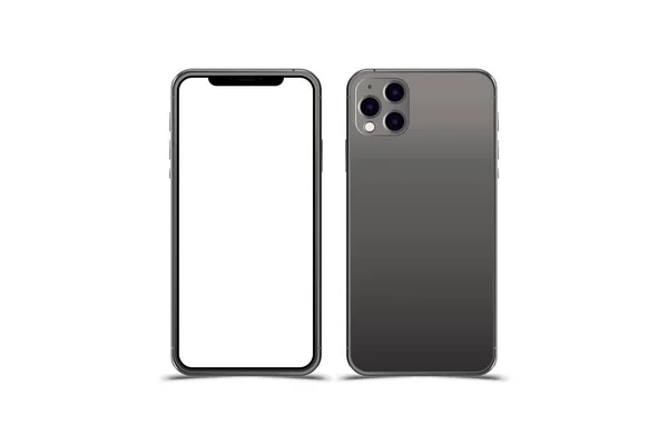 Gerçekçi Akıllı Telefonların Maketini Ayarlayın. İki modern telefon. Ekranlı ön taraf ve arka yüzü, beyaz arka planda, gölgeli beyaz arka plan üzerinde izole edilmiş kameralarla. Düz vektör illüstrasyon Eps 10.