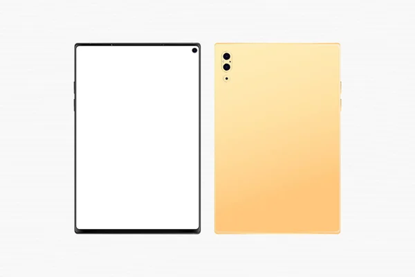 Set Mock-up de Ouro Tablet realista. Lado frontal com tela e verso com câmera isolada em fundo branco. Ilustração vetorial plana EPS 10 . —  Vetores de Stock