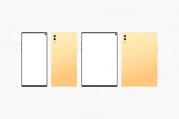 Μακέτα του χρυσού ρεαλιστικού smartphone και tablet. Μπροστινή πλευρά με οθόνη και πίσω πλευρά με κάμερες απομονωμένες σε λευκό φόντο. Εικόνα από επίπεδη διάνυσμα κέρδος ανά μετ. 10. — Διανυσματικό Αρχείο