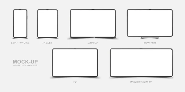 現実的なデバイスのモックアップを設定します。スマートフォン、タブレット、ラップトップ、モニター、テレビ、白い背景に隔離された画面を備えたフロント側。フラットベクトルイラスト Eps 10 — ストックベクタ