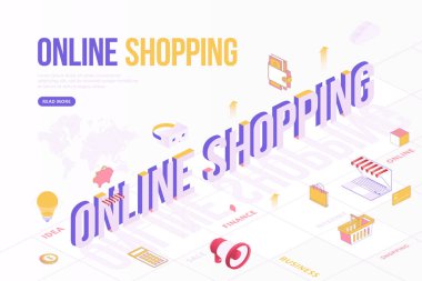 Online Alışveriş web afiş kavramı. İzometrik nesnelerle yaratıcı tasarım şablonu ve dünya haritasına sahip üç boyutlu metin. Fikir, İnternet, satış, iş, finans ve daha fazlası.