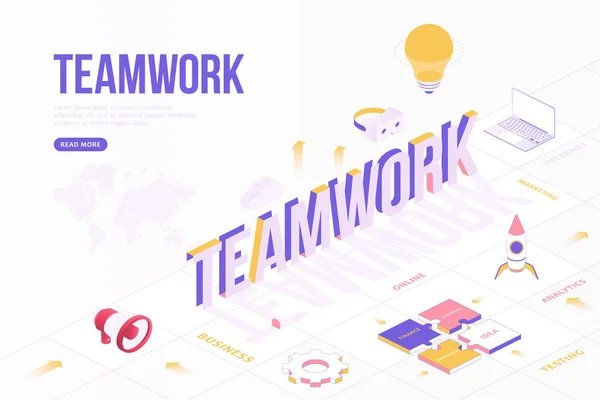 Concetto di banner web di lavoro di squadra. Modello di design creativo con oggetti isometrici e testo tridimensionale con mappa del mondo. Online, idea, business, marketing e altro ancora. Illustrazione vettoriale piatta EPS 10 — Vettoriale Stock