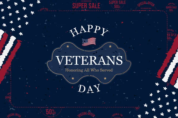 Veterans Day. Greeting card with USA flag on background with Super Sale 50 offer. National American holiday event. Flat vector illustration EPS10