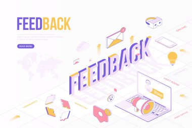 Geribildirim web banner kavramı. İzometrik nesnelerle yaratıcı tasarım şablonu ve dünya haritasına sahip üç boyutlu metin. İletişim, içerik, çevrimiçi, topluluk ve daha fazlası. Düz vektör çizimi