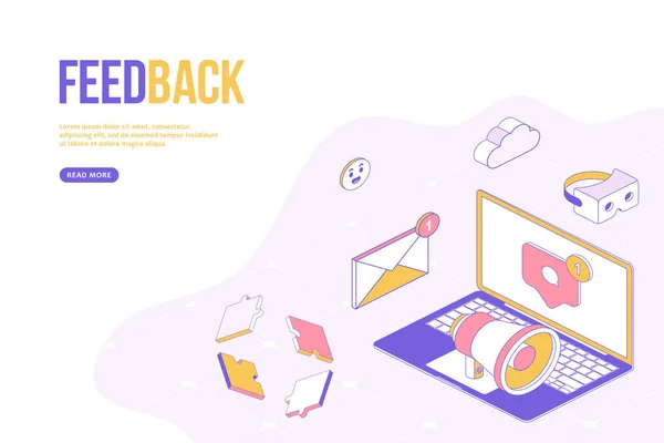 Feedback conceito banner web. Modelo de design criativo com objetos isométricos. Ilustração vetorial plana EPS 10 — Vetor de Stock