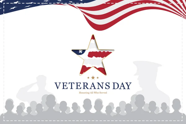 Día de los Veteranos. Tarjeta de felicitación con bandera de Estados Unidos y estrella en el evento nacional americano de fondo. Ilustración vectorial plana EPS10 — Archivo Imágenes Vectoriales