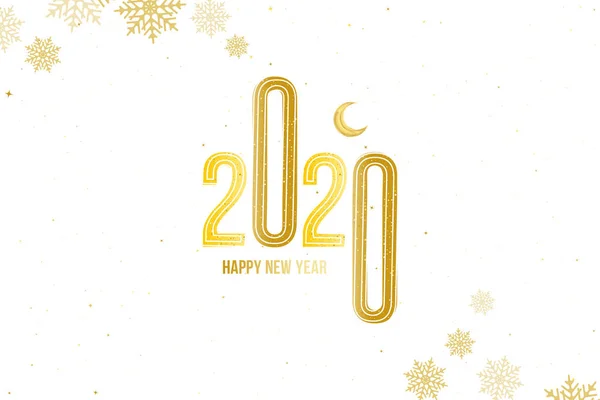 Boldog új évet 2020-ban. Üdvözlőlap arany felirattal és hold fehér háttérrel. Karácsonyi vektor háttér. Lapos vektor illusztráció Eps10 — Stock Vector