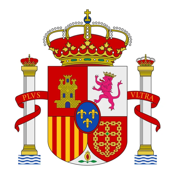 Spanish coat of arms with crowns, a lion and a castle on the background of a shield. Flat vector emblem. — Stock Vector