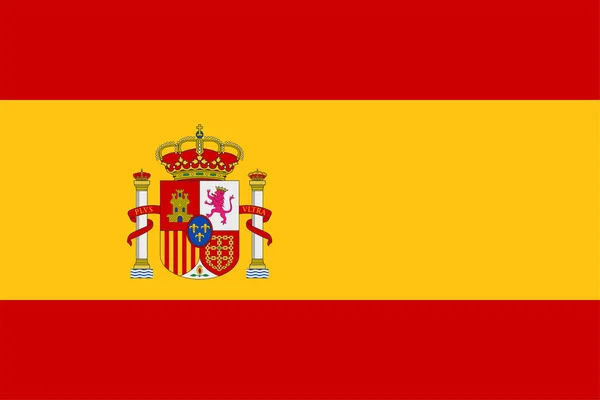 Ισπανική Σημαία με θυρεό με κορώνες, λιοντάρι και κάστρο στο βάθος ασπίδας. Επίπεδη διανυσματική. — Διανυσματικό Αρχείο