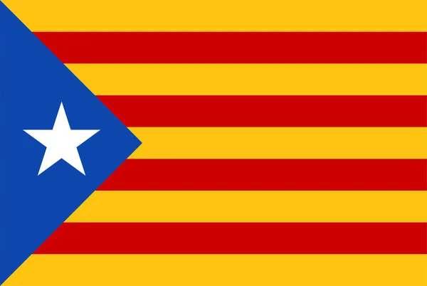 Bandera de Cataluña española con una gran estrella y cuatro franjas horizontales rojas sobre fondo dorado . — Vector de stock