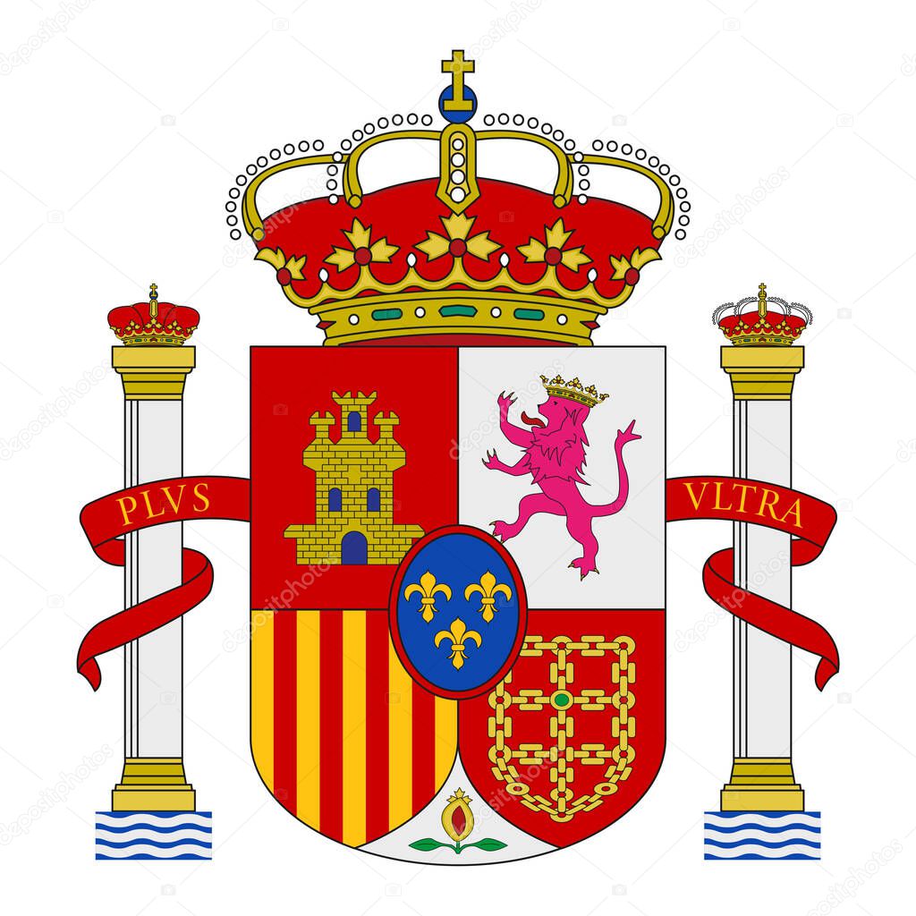 Spanish coat of arms with crowns, a lion and a castle on the background of a shield. Flat vector emblem.