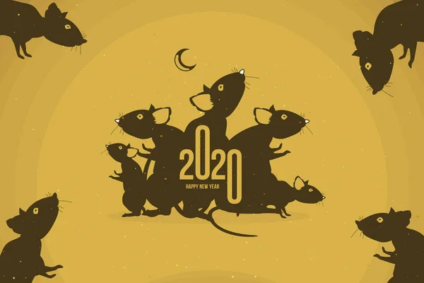 Happy new year. 2020 Chinese year of the Rat. Greeting card with family of rats and golden moon on a dark background. Flat vector illustration EPS 10 — Stock Vector