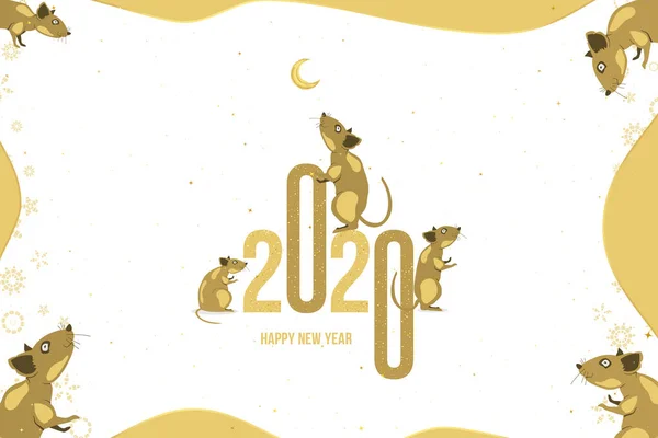 Boldog új évet! 2020 A patkány kínai éve. Üdvözlőlap patkánycsaláddal és arany holddal, világos háttérrel. Lapos vektor illusztráció Eps 10 — Stock Vector