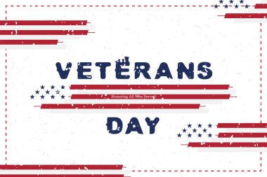 Gaziler Günün kutlu olsun. Amerikan bayrağının olduğu tebrik kartı ve arka planda dokusu olan askerler. Ulusal Amerikan bayramı etkinliği. Düz vektör illüstrasyonu EPS10