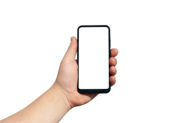 Beyaz arka plandaki adam telefonu izole ekran ile tutuyor. Mockup Teknolojisi