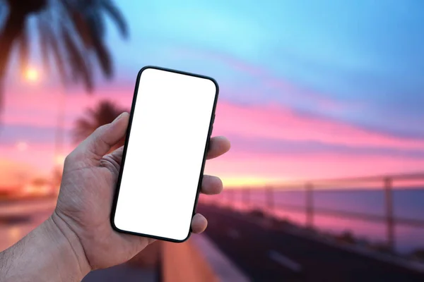 Maquette Téléphone Dans Main Homme Avec Écran Blanc Main Sur — Photo