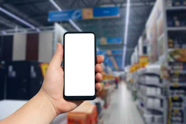 Online Shopping Using Your Phone Mockup Smartphone White Screen Hand — Stock Photo, Image