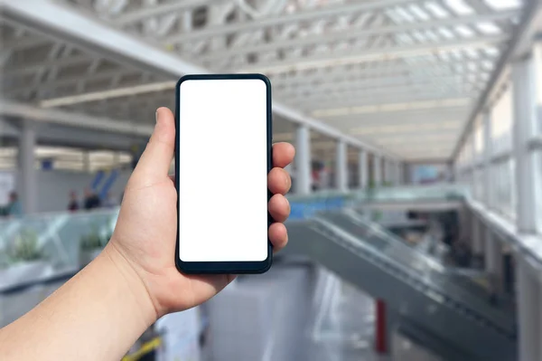 Mock Smartphone Hand Close Luchthaven Achtergrond Concept Het Thema Van — Stockfoto