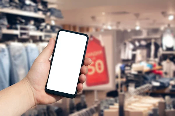 Online Nakupování Chytrém Telefonu Pozadí Oblečení Butiku Falešný Telefon Bílou — Stock fotografie