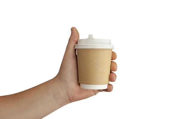 Mock Van Een Plastic Beker Met Koffie Close Hand Van — Stockfoto