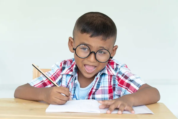 Schattige Aziatische Kleine Jongen Schrijven Van Een Boek — Stockfoto