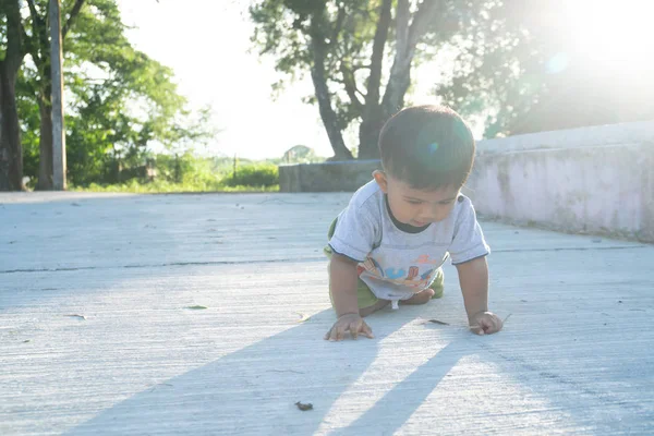 Cute little asian baby stoop on floor — Stock Photo, Image