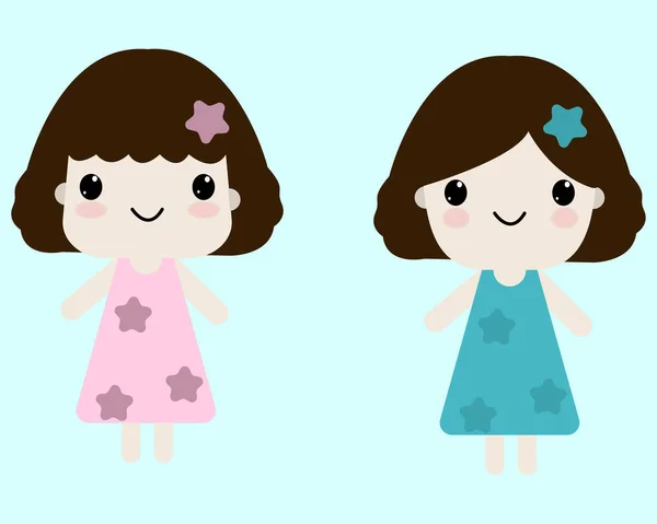 Doodle Cartoon Cute Two Girl — стоковый вектор