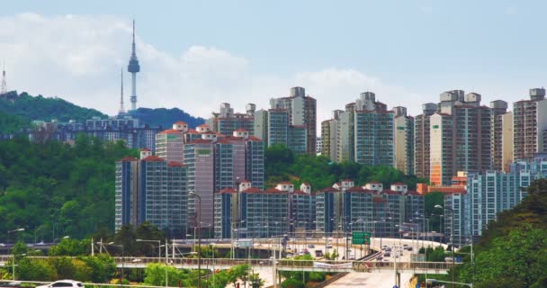 Cityscape Cidade Seul Edifícios Modernos Com Rodovia Marcos Torre Coreia — Vídeo de Stock